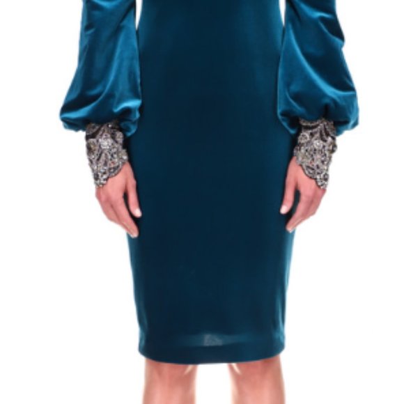 Badgley Mischka Velvet Balloon Sleeve Beaded Cuff Dress - Picture 6 of 7